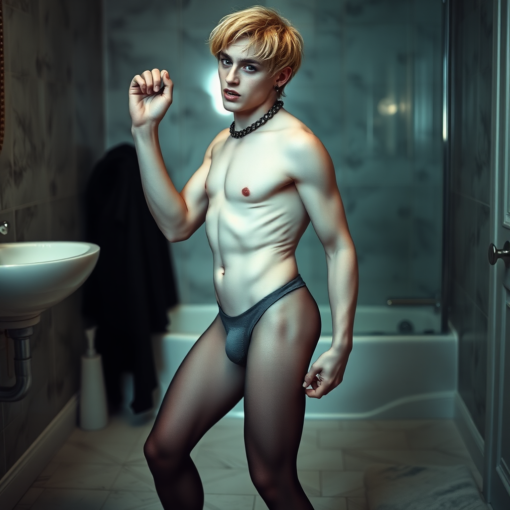 photorealistic, ultra high resolution, 16K, surreal fantasy, soft studio lighting, Caleb Swift is a pretty 16 year old goth male, slim male physique, blonde hair, blue eyes, goth makeup, earrings, sheer black pantyhose, spikey neck collar with chain, standing on the floor of the bathroom striking a pose as Michelangelo's "David" sculpture, excited mouth, bulging manhood, full body front view from the side with Caleb facing the camera.