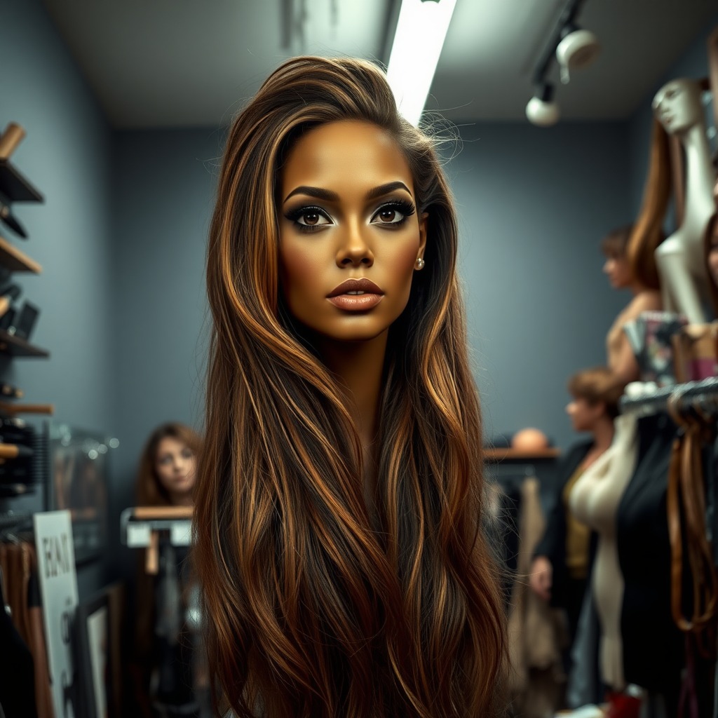 In a well lit, eccentric long hair fetish store, a strikingly unique and surreal display draws attention: the real live, flesh-and-blood disembodied head of a stunning woman reminiscent of Beyoncé, her long, flowing hair cascading like a silky waterfall around her neck. The luxurious strands shimmer with intricate highlights, ranging from deep ebony to sun-kissed gold, accentuating her perfectly sculpted features. Her captivating, dark eyes glisten with an enigmatic allure, expressing an uncanny mix of grace and mischief. 

The background is a plain, muted gray, contrasting sharply with the vibrant beauty of the head and her extravagant hair, allowing viewers to fully focus on the astonishing sight. Subtle whispers float through the air, blending with the soft rustle of hair as it sways gently, creating a sense of uncanny vitality. The atmosphere is thick with a mixture of curiosity and fascination, as shoppers, drawn in by the bizarre display, exchange incredulous glances and hushed conversations, their excitement palpable. 

The shop’s interior is cluttered yet inviting, filled with an array of hair-related items: brushes, wigs, and accessories, each designed to celebrate the beauty and allure of long hair. Dim, ambient lighting adds to the mystique, casting playful shadows that dance around the room, enhancing the surreal quality of the disembodied head on display. It's an experience that blurs the lines between reality and fantasy, tugging at the viewer’s imagination and evoking a sense of wonder.