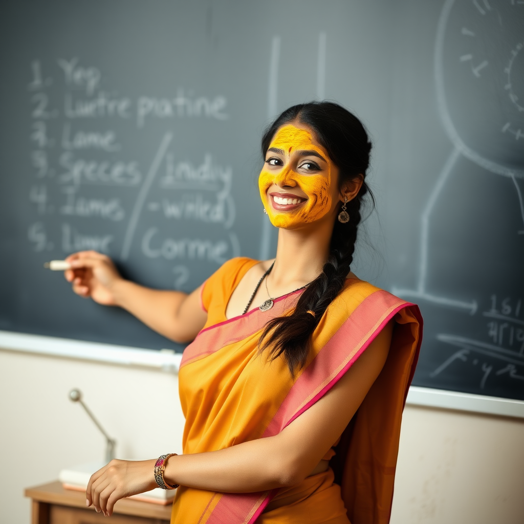 slim, 30 year old, sexy, indian female school teacher, saree, turmeric face mask. She is smiling and teaching on a blackboard