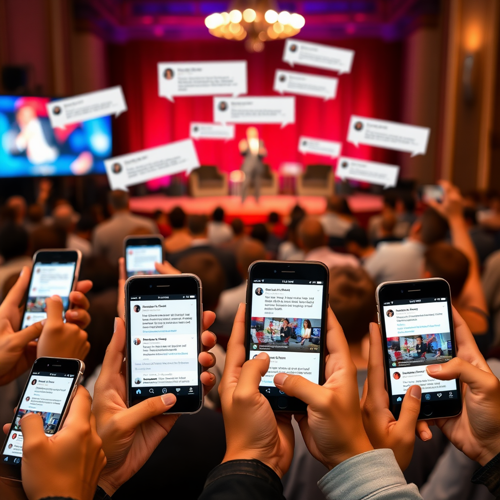 In the foreground, a close-up of diverse hands holding smartphones and tablets, all showing the same live event on their screens with active comment sections. The screens display snippets of live chat messages. In the background, slightly blurred but still recognizable, is the live event stage with the host and in-person audience. Comments appear to float off the device screens and move towards the host, illustrating the direct link between attendees' devices and live interaction.