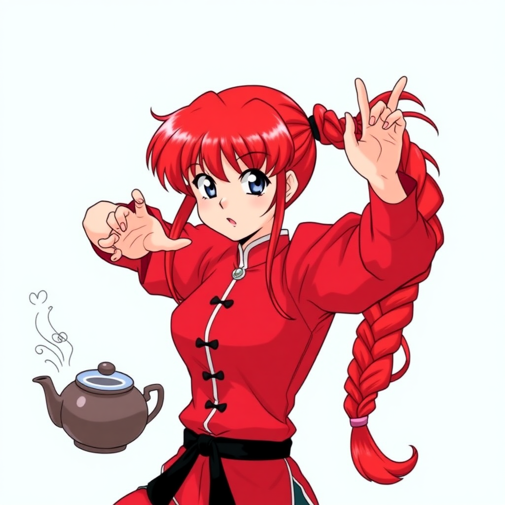 Ranma Saotome from the series Ranma 1/2 is a red-haired girl with a braided ponytail and blue eyes, usually wearing a Chinese martial arts uniform. The art style is that of Rumiko Takahashi.

Ranma is currently seen dodging a teapot filled with hot water.