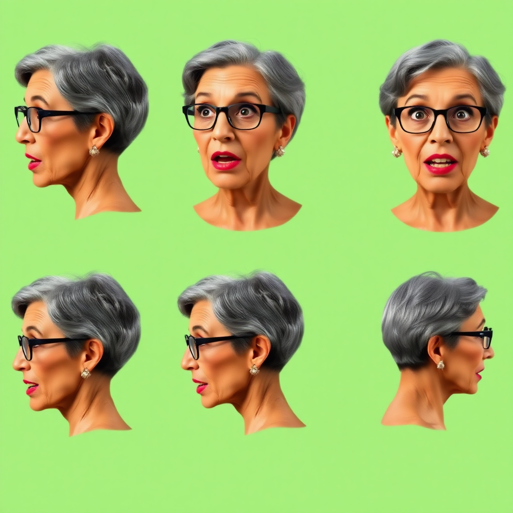 Photorealistic image of six headshots of a 50 years old, fit, European, Latina, sharp aquiline nose, wrinkles, high cheekbones, Middle Eastern, skinny, tanned skin, dark light skin, full makeup, jewelry, sharp nose, exaggerated expression, surprised, astonished, delighted, mouth open, dark grey ash hair, short bowl haircut, brown eye color, glasses, with detailed features. Each photo displays the same face in back, profile, and front view, cut out and isolated on a green background. All six heads are visible side by side, empty space around each view, no overlapping.