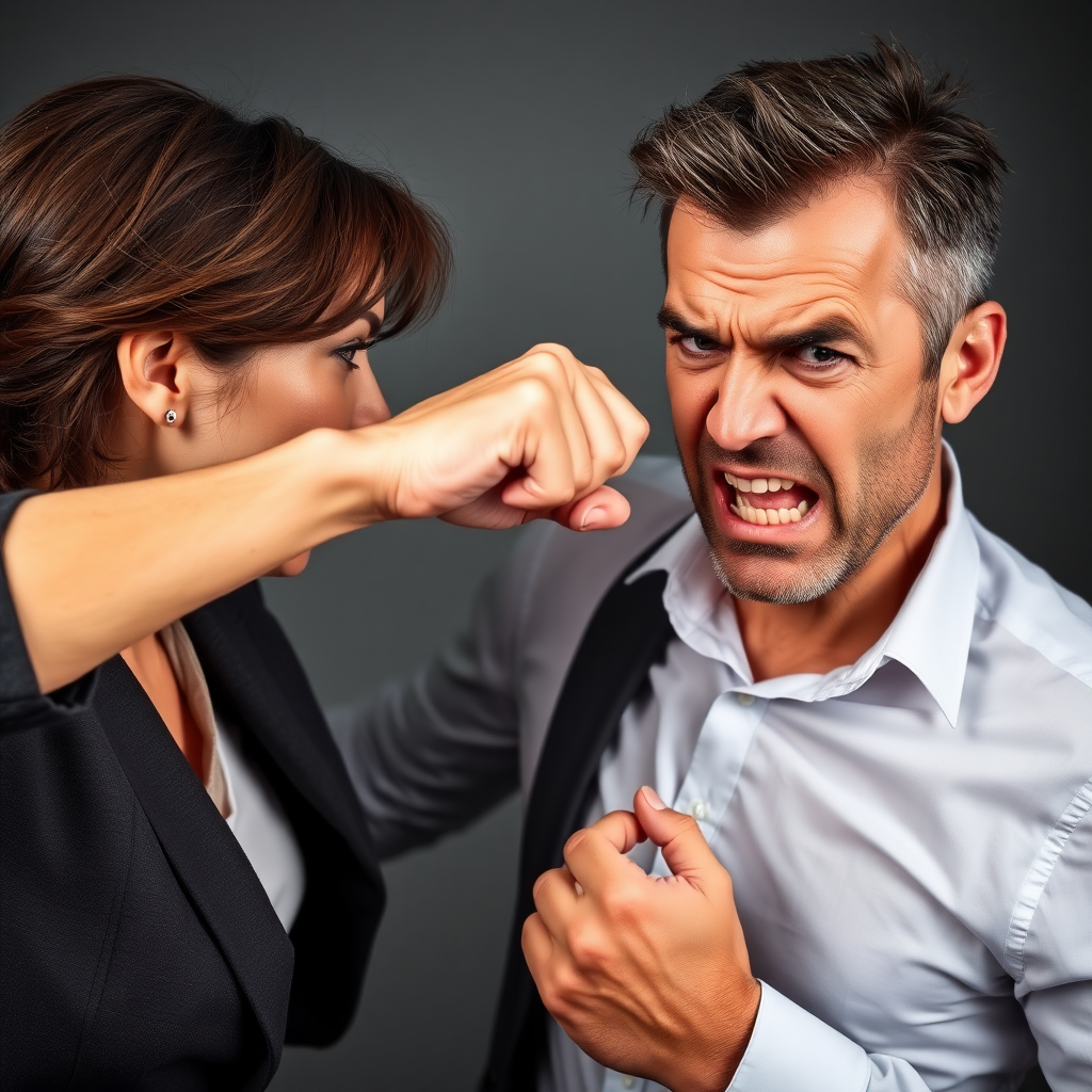 Mature attractive businesswoman punching a man in the face, the fist is hitting his angry face and making strong impact, he looks visually disturbed.