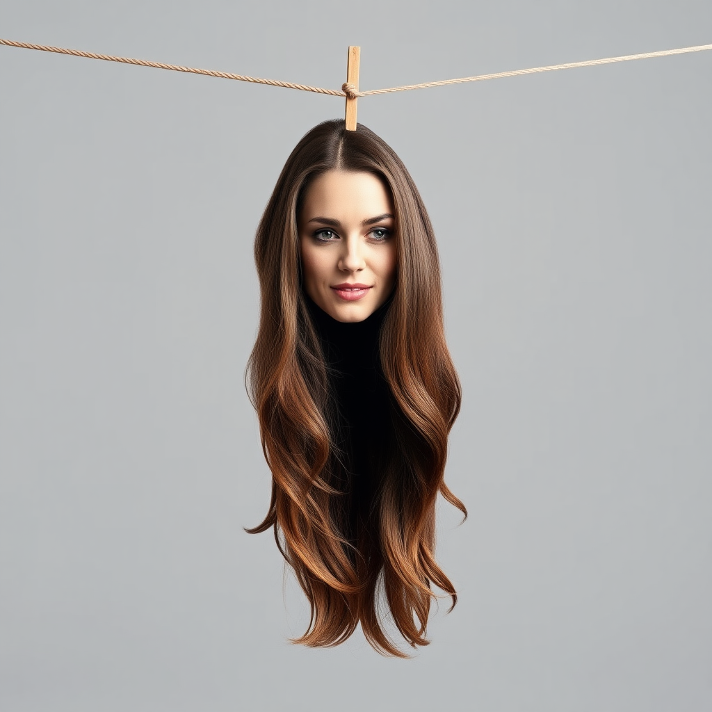 A surreal image of the beautiful very long haired Kate Middleton's disembodied head hanging by her long hair from a clothesline. Plain gray background.