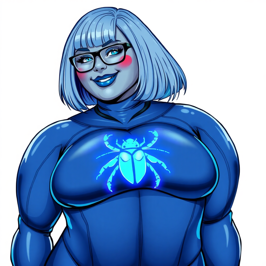 A 28-year-old, full-figured, middle gray metal skinned computer program-human hybrid with a maximum blue bob cut. She is the digital sidekick, computer hacker, and nerdy girlfriend of her cyberpunk vigilante boyfriend. Her middle gray metallic skin, distinct from any other character, highlights her digital nature. She wears maximum blue lipstick and has bright blue eyes. Her outfit includes an oversized maximum blue full bodysuit with a neon blue glowing chest icon of a beetle. Black eyeglasses accentuate her nerdiness, and she has a lovestruck smile with neon red blush. Her full figure, including a prominent, gargantuan, round midsection (with the full emphasis on her gargantuan belly), gigantic limbs, and broad shoulders, reflects the doting care of her vigilante boyfriend. The background is solid white. She is drawn as if she was in a retro 2D cyberpunk fighting game. Ensure her bodysuit covers all her bare skin (especially her round gargantuan belly). Her oversized bodysuit is influenced by DC's superheroine Jennifer Knight Phantom Lady but remains distinct.