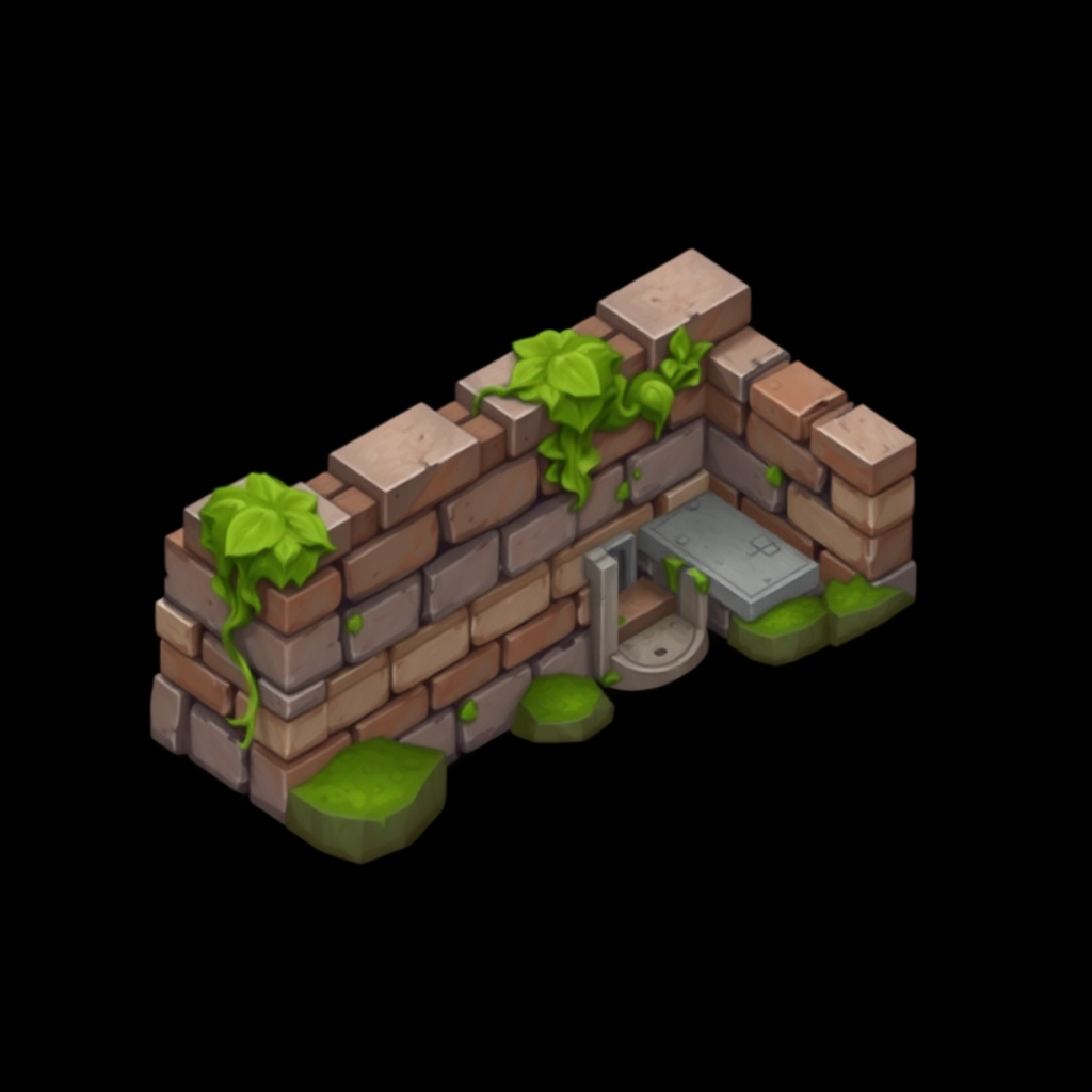 Create an image of wall section. The style is isometric fantasy game art. The wall is made of bricks and mortar and looks weathered with vines and patches of moss. The background is plain black.