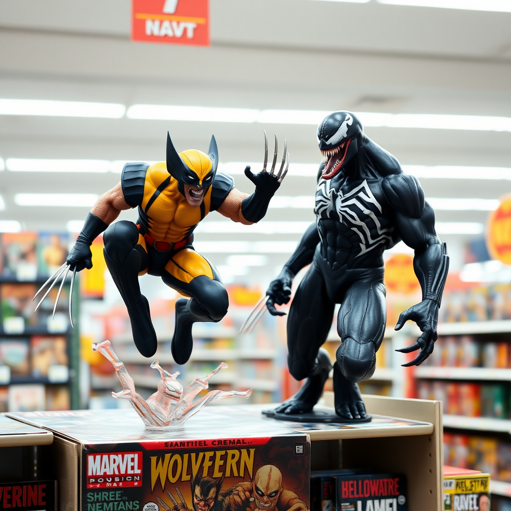 Jumping out of a Comic book cover on a store shelf is Wolverine and Venom with in Cinematic Real3D photo-realistic quality.