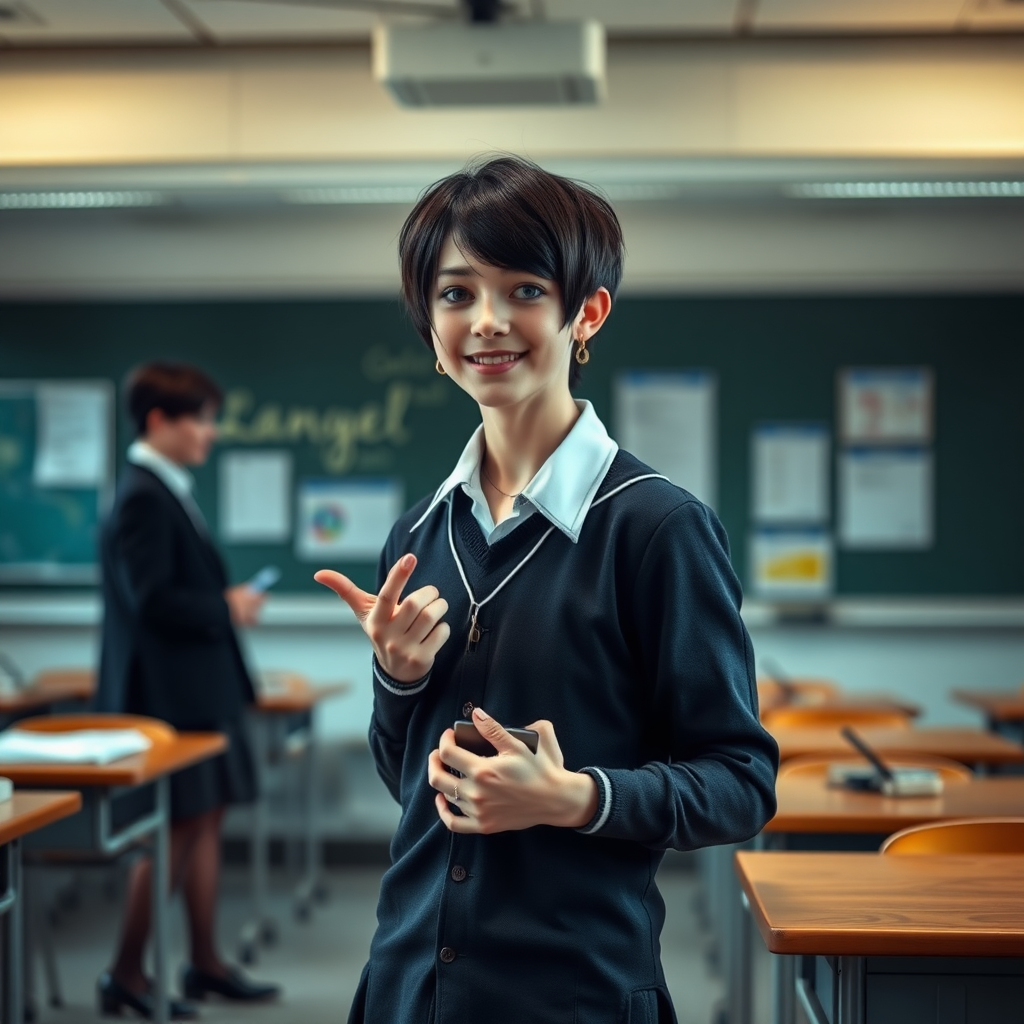 photorealistic, ultra high resolution, 16K, surreal fantasy, soft studio lighting, a pretty 17 year old goth male, slim male physique, short dark hair, blue eyes, goth makeup, earrings, sheer pantyhose, UK girls-school uniform, Mary-Jane shoes, standing in the classroom delivering a talk, excited smile, facing the camera.