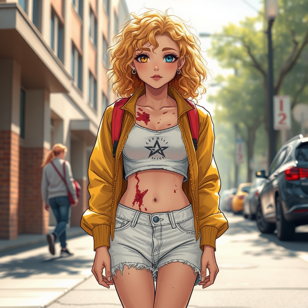 Realistic drawing style image, Extremely good quality 8k resolution drawn manga image of a 15 year old petite and short tomboy girl with golden blonde curly hair with mixed and different colored eyes for each eye and moles on her entire body and is a white American girl, Has on a Gold Jacket over a white extremely short crop top only covering her breasts and nothing more with a design on it, and has on ripped shorts and cool looking sneakers and a deep and big knife cut wound on her stomach from a huge injury she had, with a bright color backpack, ear piercings on, walking on the street to school in the morning with the beautiful sunlight lighting up her body beautifully with no tattoos.