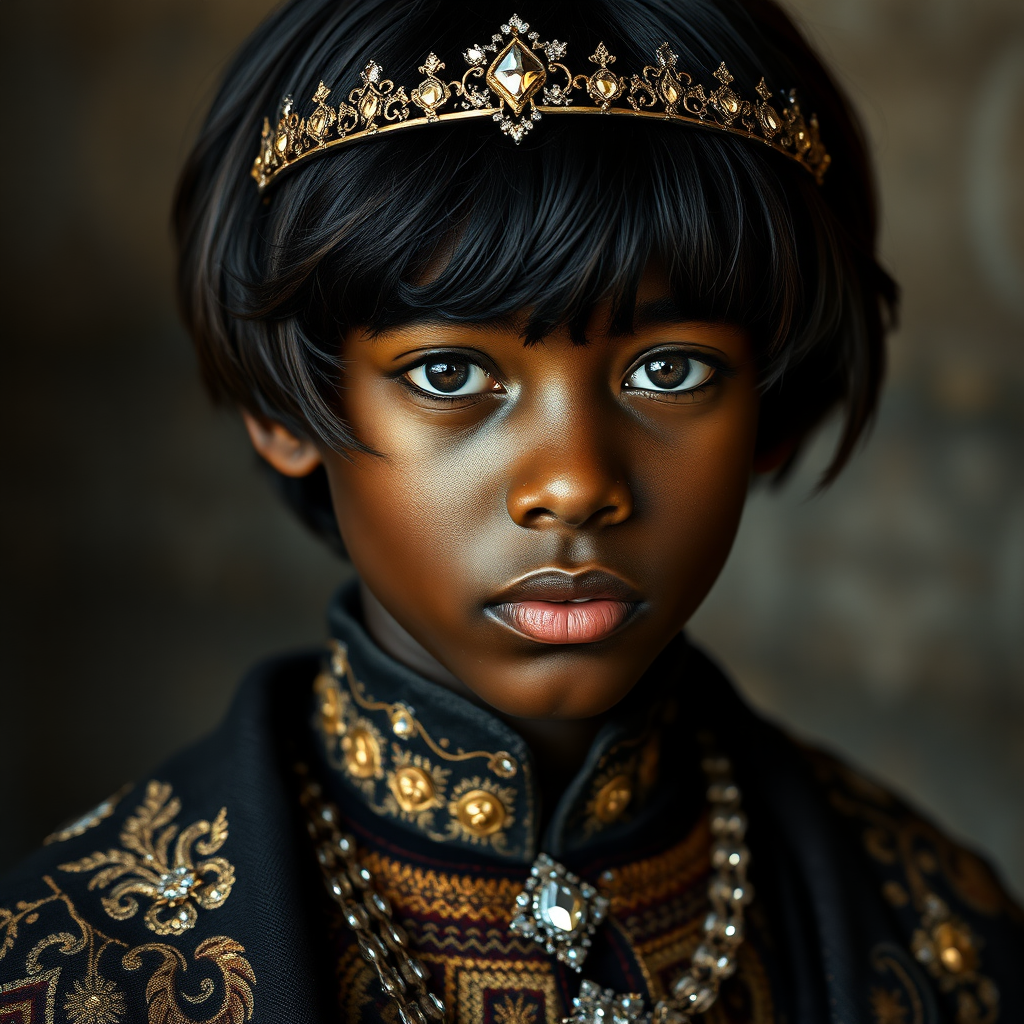 black older teen boy prince, long bob cut, embroidered with gold and diamonds medieval cloths, diamond diadem. photorealistic, ultra high resolution, 16K,