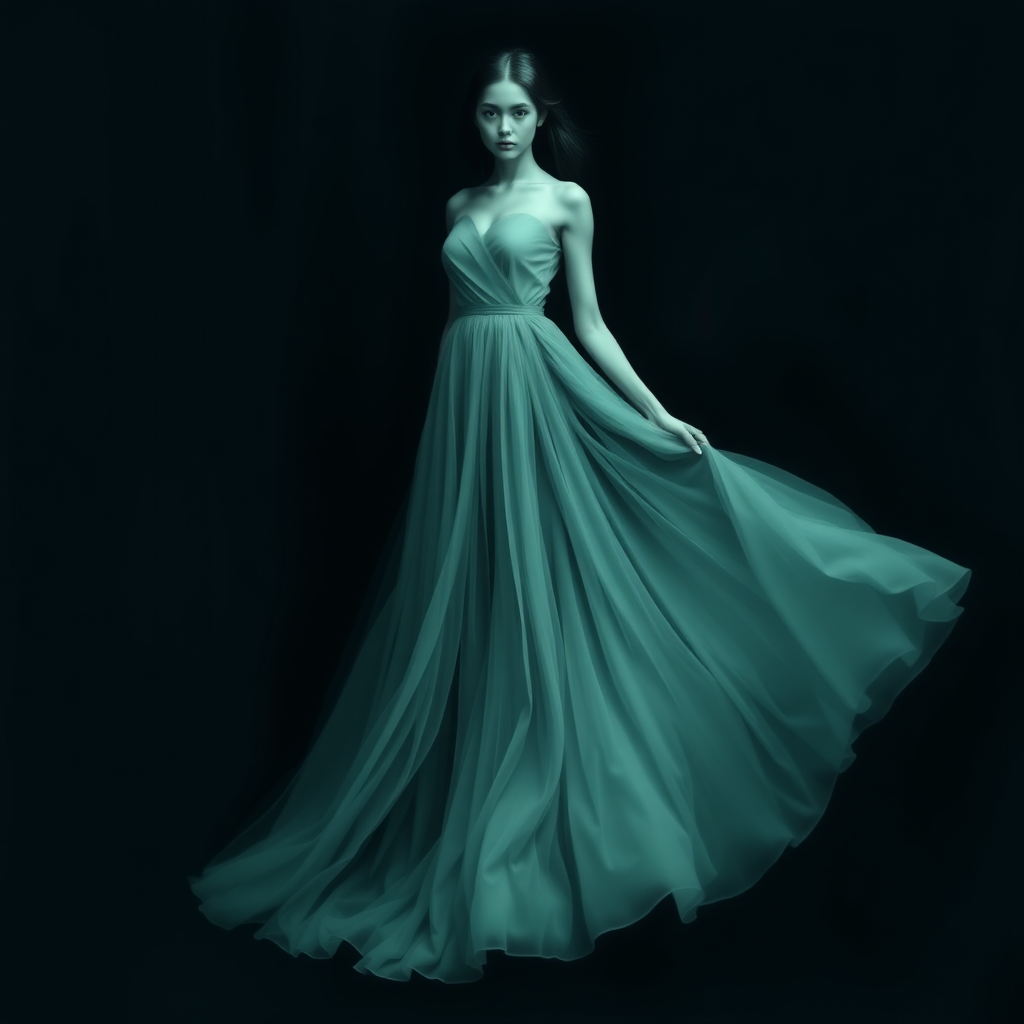 abstract girl in full dress with a very long skirt in gruvbox color scheme (make the girl hard to see in this image, make it so that no part of her skin face or hair is shown)