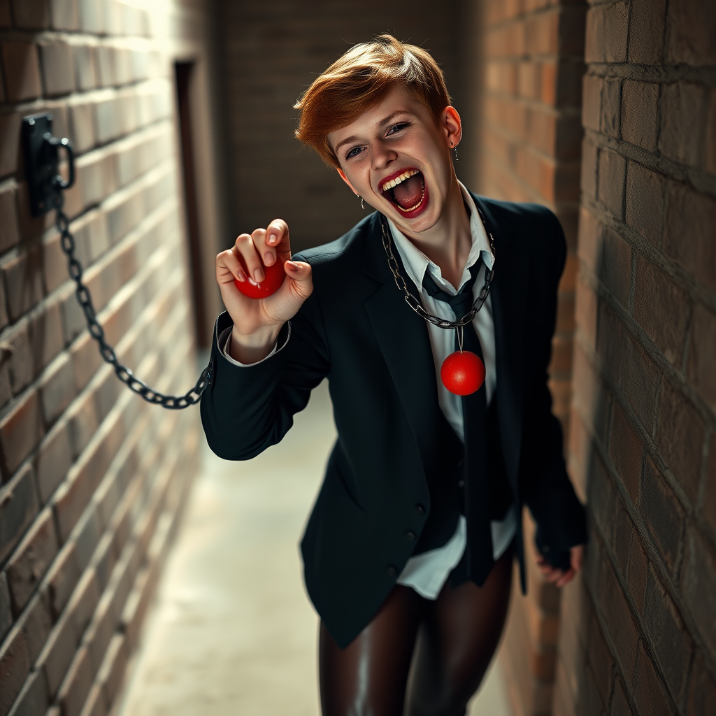 photorealistic, ultra high resolution, 16K, surreal fantasy, soft studio lighting, Tyler Swift is a pretty 18 year old goth male, slim male physique, auburn hair, goth makeup, earrings, shiny black pantyhose, school uniform shirt tie and blazer, Mary-Jane shoes, spikey neck collar chain and leash, red ball-gag, in a dungeon, the end of the leash is chained to the wall, in daylight, excited open mouth smile, drooling a stream of saliva, facing the camera.