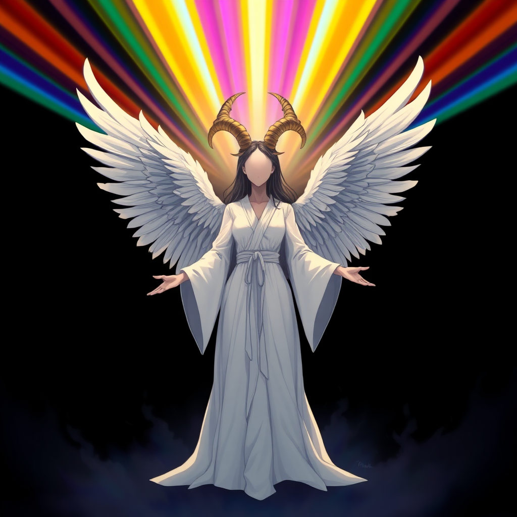 (Anime-styled art) Set against a black backdrop, a radiant, rainbow-like barrier shimmers with vibrant colors. At its center stands a plain faceless (No face faceless, no eyes, no mouth), powerful, godlike faceless woman with a very unsettling yet angelic presence. Two golden 3 goat-like horns curve from her head, adding to her eerie aura. Four massive angelic wings extend from her back, their feathers glowing softly. She wears flowing white robes that ripple with divine energy, and her outstretched hands seem to command an otherworldly force. Both mesmerizing and terrifying, her ethereal form exudes a balance of beauty and dread.