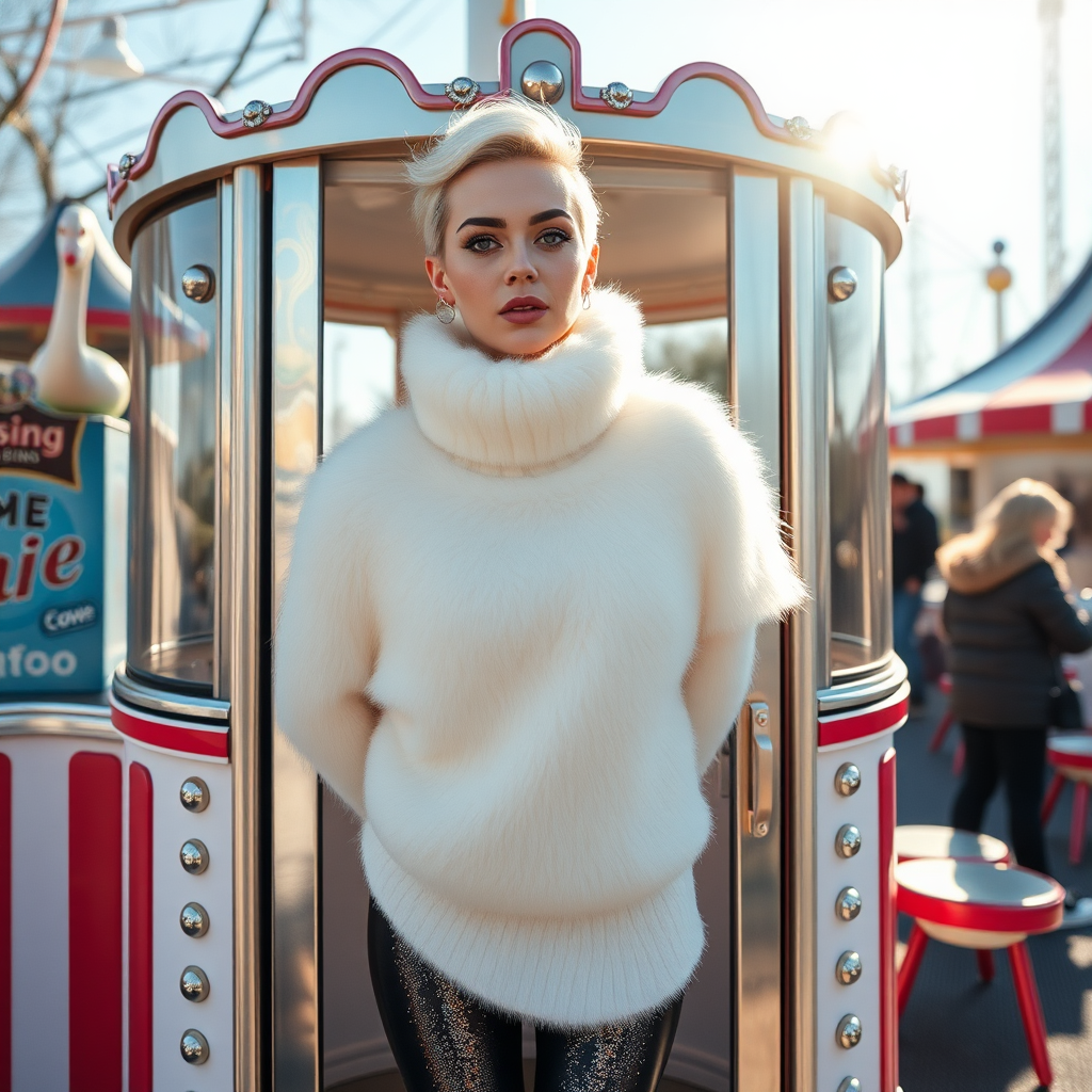 Amusement park “kissing booth”, sunny spring Sunday morning. Sam, 19 years old beautiful involuntary femboy, rebellious intractable character, petite boyish figure, platinum blond boyish rebel punk hairstyle, flawless heavily made-up face with sharp arched tattooed eyebrows, wearing Supertanya-style fluffy very fuzzy bright white angora thigh-length turtleneck-poncho fully covering body and arms, silver-glitter leggings, black leather high-heeled pumps, silver earrings, both hands tied behind back, standing inside kissing booth, waiting for next customer to kiss. Focus on Sam’s face and turtleneck-poncho.