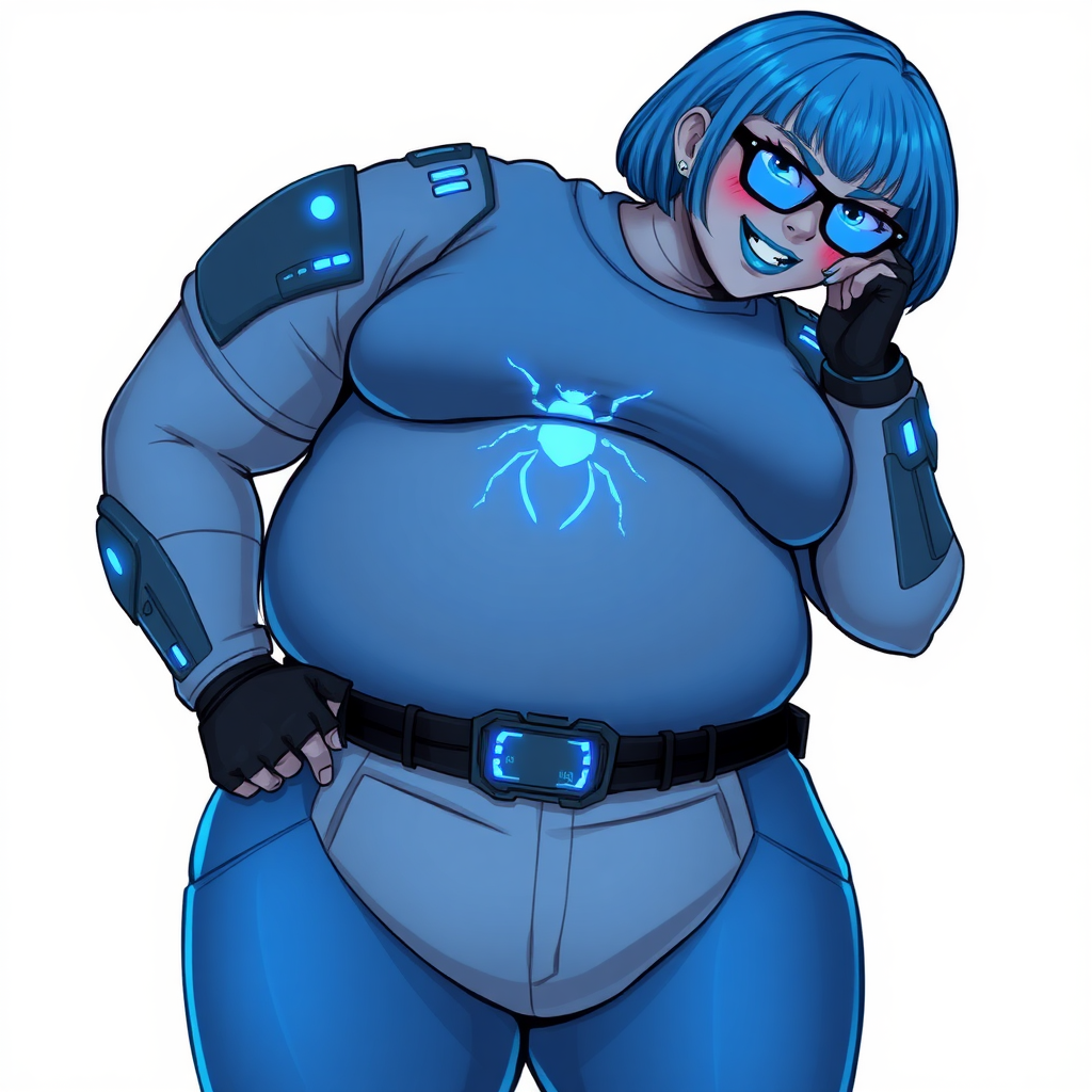 A 28-year-old, full-figured, Middle Gray skinned, computer program hybrid with a maximum blue bob cut. She has a non-athletic, full-figured build, highlighted by a prominent, round, large midsection (with heavy emphasis on her large belly). As the full-figured, nerdy, digital sidekick to her cyberpunk vigilante boyfriend, her metallic middle gray skin and maximum blue lipstick emphasize her digital nature. She wears a digital, computerized costume, consisting of a huge, tight-fitting, maximum blue t-shirt with a neon blue glowing beetle chest icon, hi-tech shoulder pads with neon blue glowing accents, a black hi-tech belt with a digital neon blue glowing buckle, digital maximum blue pants with neon blue accents, and black hi-tech gloves with neon blue glowing accents. Her bright blue eyes, black eyeglasses with neon blue glowing lenses with a built-in HUD, and shy smile with neon red blush accentuate her nerdiness. She stands bashfully with one hand behind her back and the other hand gently touching her cheek, her costume covering all her skin and emphasizing her full-figured physique (especially her belly). She is clearly non-athletic, with a heavy focus on her large belly. Despite her build, she radiates beauty. She has a slim face compared to her physique, accentuating her radiant beauty. She is on a solid white background. She is drawn as if she were in a retro 2D cyberpunk fighting game.