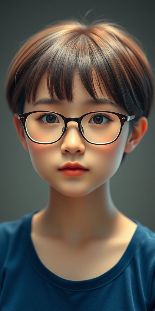 A beautiful Chinese girl, short hair, wearing glasses, plump figure, small chest, blue clothes.