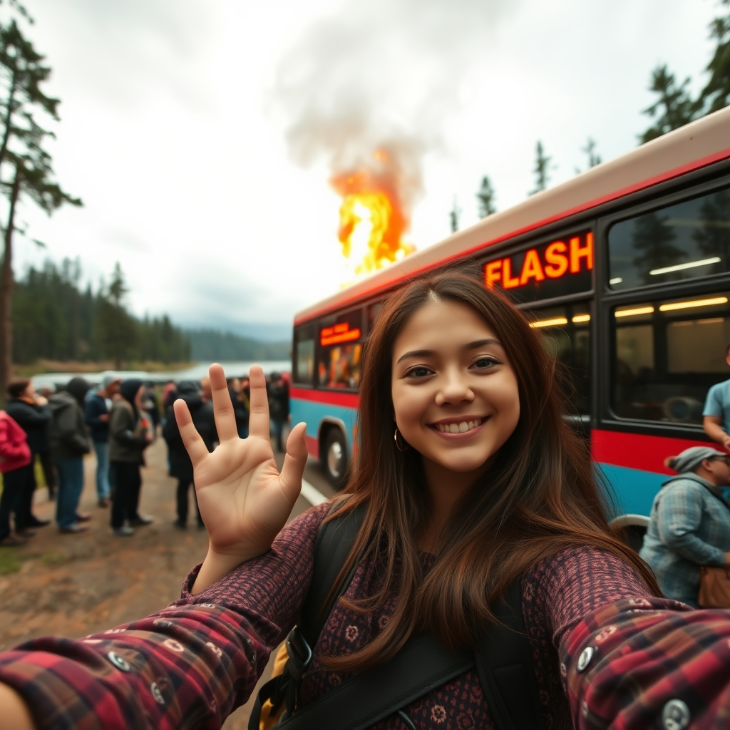 selfie from below of a girl at a crowded bus stop near a lake in the forest, approving burning bus labelled "FLASH" background