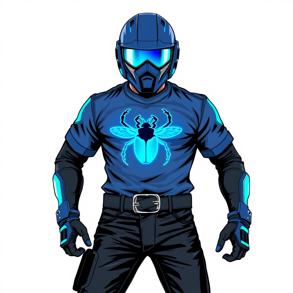 A 28-year-old cyberpunk vigilante stands heroically, clad in a high-tech, maximum blue biker shirt featuring a neon blue glowing beetle on the chest. They wear black biker pants, a black belt with a sapphire beetle buckle, and a maximum blue full helmet with maximum turquoise lenses. Their hands are protected by black metal gloves, all set against a solid white background. He is drawn as if he was in a retro 2D cyberpunk fighting game.