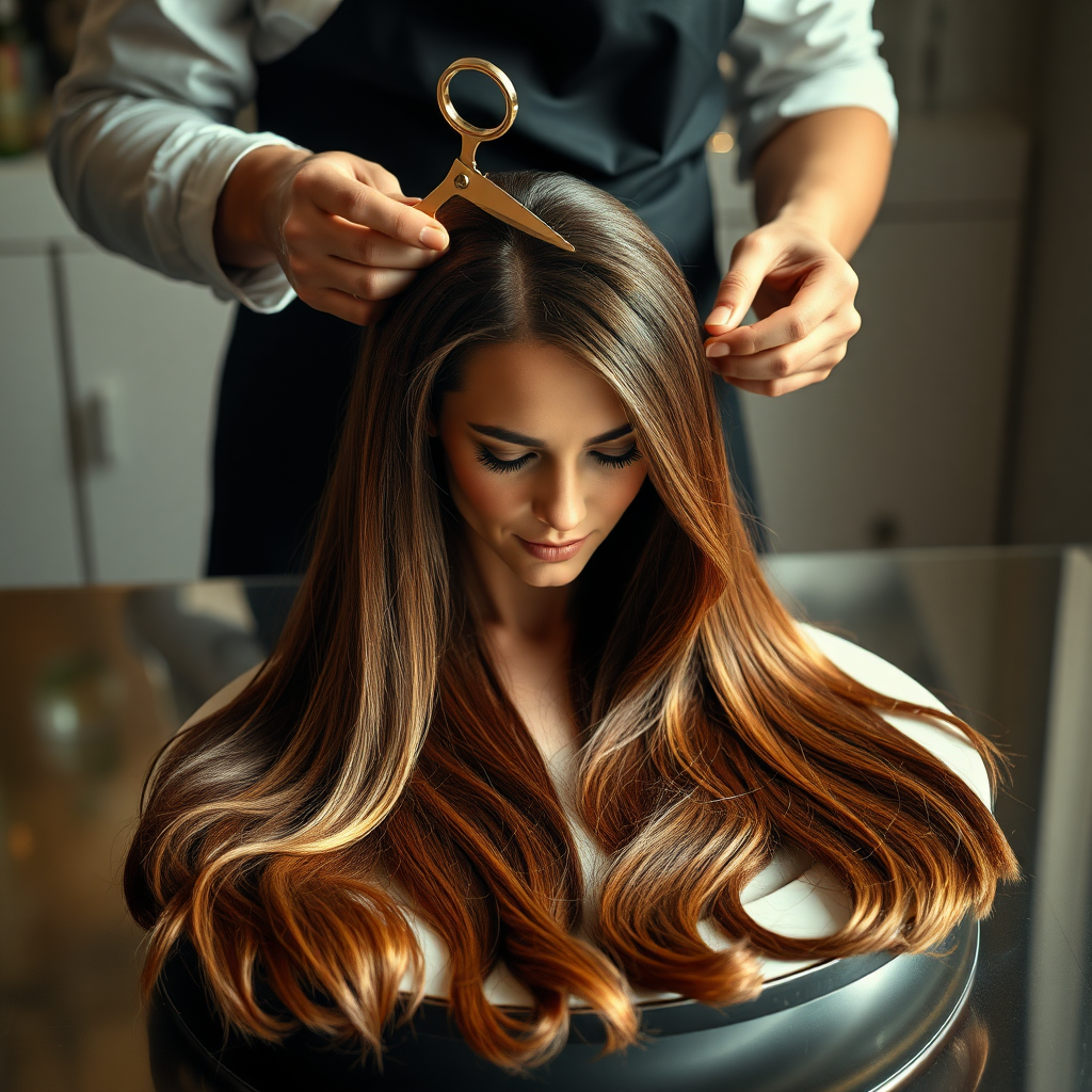 In a bizarre, surreal tableau, the polished surface of an elegant dining plate cradles the disembodied head of a strikingly beautiful Kate Middleton, her long, flowing hair cascading like a glossy waterfall of deep chestnut and honey highlights. The hair is luxuriously arranged, strands shimmering under the soft, ambient light that bathes the scene in an ethereal glow.

A skilled hairdresser, clad in a sleek black apron, stands poised with a pair of gleaming scissors, carefully trimming the endlessly luxurious locks that frame Kate's serene, almost ethereal features. The air is thick with the scent of salon products mingling with delicate hints of floral fragrances, creating an unusual yet strangely inviting atmosphere. The hairdresser's focused expression reveals a meticulous dedication as snippets of hair fall gracefully onto the pristine plate, echoing a sense of both artistry and absurdity.

The overall emotional tone conveys a dreamlike quality, inviting viewers to ponder the juxtaposition of beauty, identity, and the bizarre circumstances that bind them in this extraordinary moment.