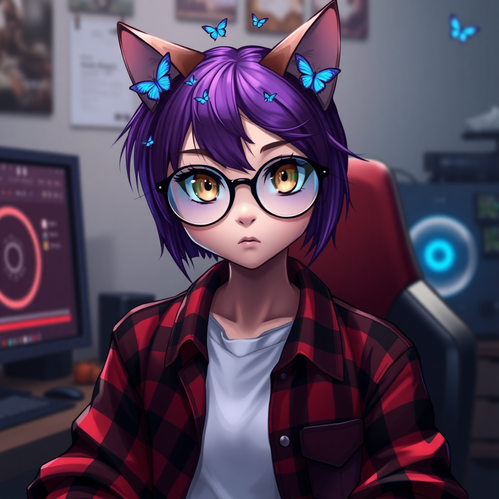 female cat-man without breasts/flat chest serious chestnut color with small blue butterflies on top of the head, with a purple UNDERCUT haircut, hazel eyes, wearing semi-round glasses, a red and black open checkered shirt with a white t-shirt underneath, in front of a desk with a gaming PC, in digital art