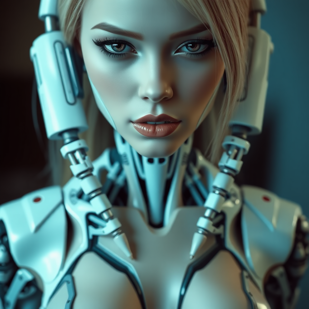 A photograph of a female cyborg with robotic nipples.