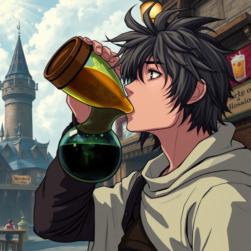 A wide distance shot of a fantasy warrior drinking a large potion from a round flask tipped fully above his face. Dungeons and Dragons port called Waterdeep. Mage tower in the background. Bar with an advertisement for a drink called "Brajkaisop." Messy shoulder length hair tussled by wind. Anime style, Record of Lodoss War.