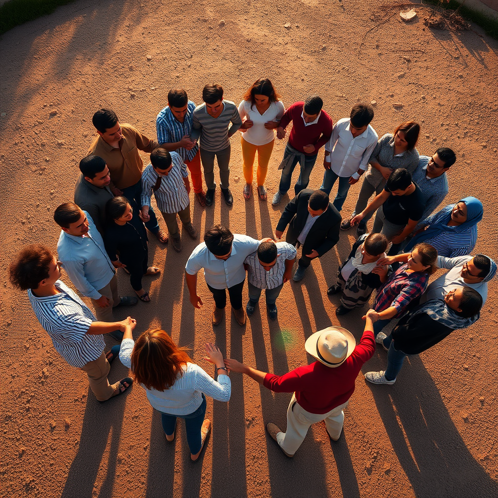 a group of men and women standing in a circle. everyone is holding hands with each neighbor. in the background there is the sun. view from a drone. two men are in the center of the circle