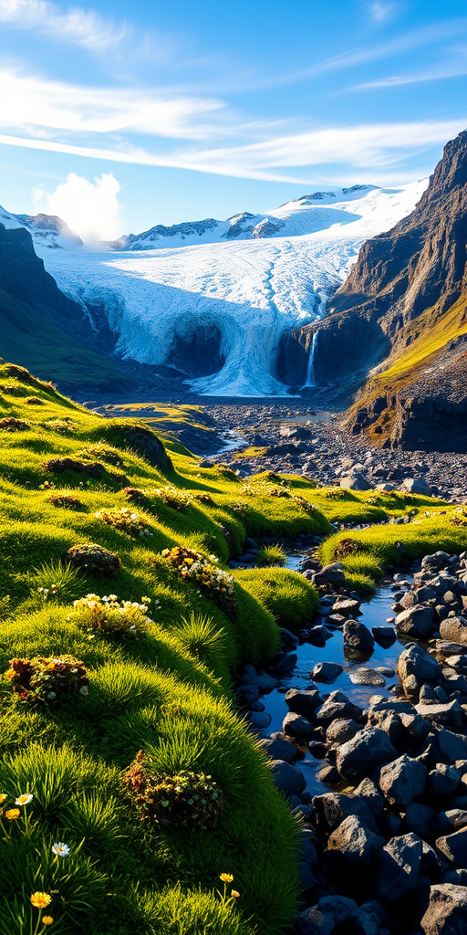 an ultra-realistic, highly detailed iPhone background of an Icelandic landscape with a glacier, rich in textures and natural elements. In the foreground, depict moss-covered green hills interspersed with dark volcanic rocks, weathered by time and detailed with cracks and patches of lichen. Scatter clusters of vibrant yellow and white wildflowers among the grass, and add tiny rivulets flowing over pebbles, their surfaces shimmering in the early morning light. Fine blades of grass, adorned with dewdrops, sway gently in the wind, reflecting the soft, golden glow of the rising sun.

In the middle ground, feature rugged cliffs and valleys carved by ancient glaciers, with every rock face showing signs of erosion, revealing layers of sediment and cracks. The glacier dominates the background, with deep blue crevasses cutting into the brilliant white surface. The ice reflects the light, and the glacier’s surface reveals intricate details—jagged ridges, windswept snow patterns, and patches of ice catching the sunlight. Small streams of meltwater run down from the glacier, carving tiny paths through the ice and rock.

Above, the sky is a crisp, clear blue, with wisps of thin clouds stretching across the horizon. Geothermal steam rises subtly from distant hot springs, adding a touch of atmospheric depth to the scene. In the distance, a waterfall cascades down a rocky cliff, with mist rising gently into the air. The color palette is rich, blending the vibrant greens of the moss, the deep blues and whites of the glacier, and the soft yellows of the sunlight, creating an immersive, lifelike scene filled with natural beauty and complex textures.