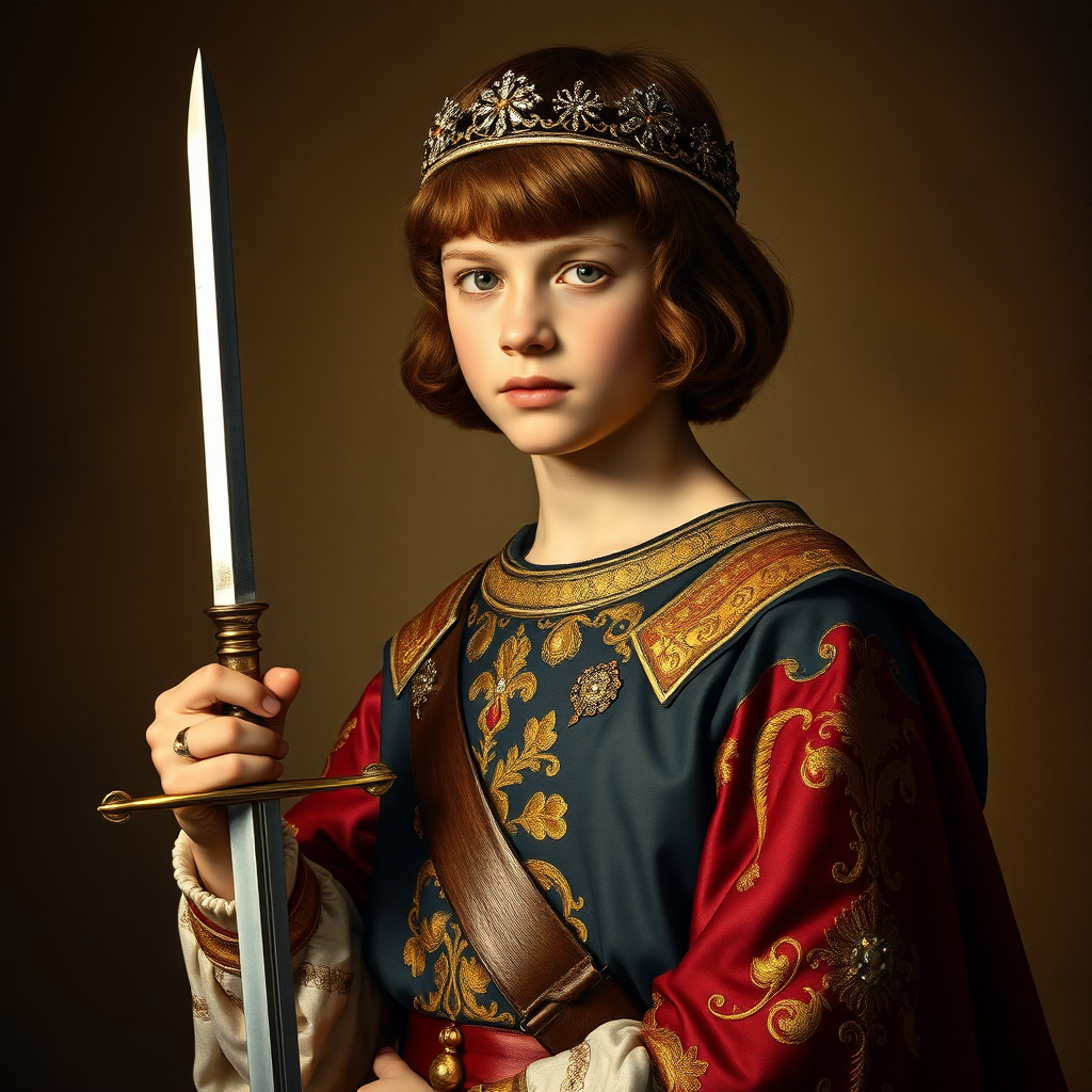 16yo teen boy prince holds his one small sword in a scabbard in his right hand by the hilt, long bob cut, embroidered with gold and diamonds medieval cloths, diamond diadem, and Beautiful War, natural Skin Texture, visualization of embossed Skin using the play of light and shadow. Free style by 50% Adolphe William Bouguereau and 15% Sandro Botticelli and 35% Otto Lomüller, The background is in the style of landscape style by Antonio del Polaiolo. Studio lighting, professional lighting. Generating the signature at the bottom: FluxBach. ultra high resolution, 16K,