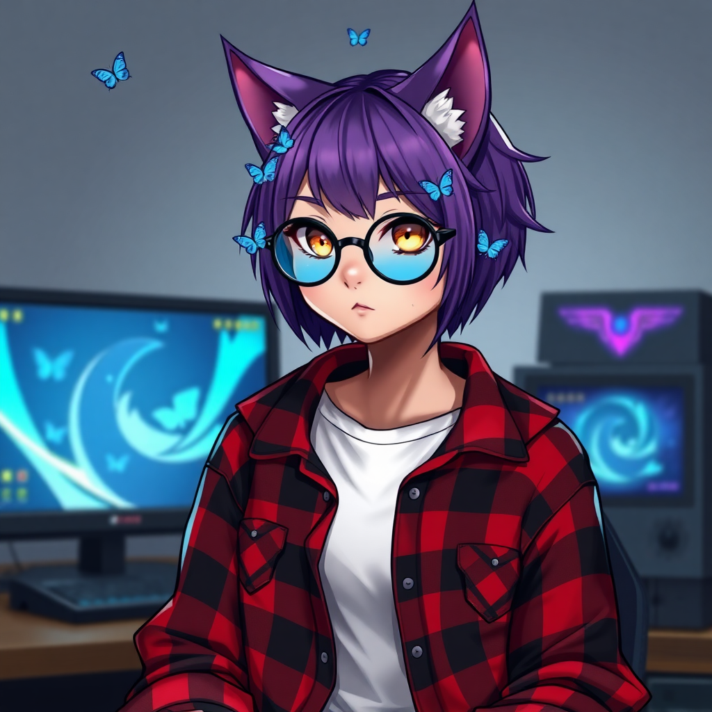 female cat-man without breasts/flat chest serious chestnut color with small blue butterflies on the head, with an UNDERCUT purple hairstyle, hazel eyes, wearing semi-round glasses, a red and black open plaid shirt with a white t-shirt, in front of a desk with a gaming PC, in digital art