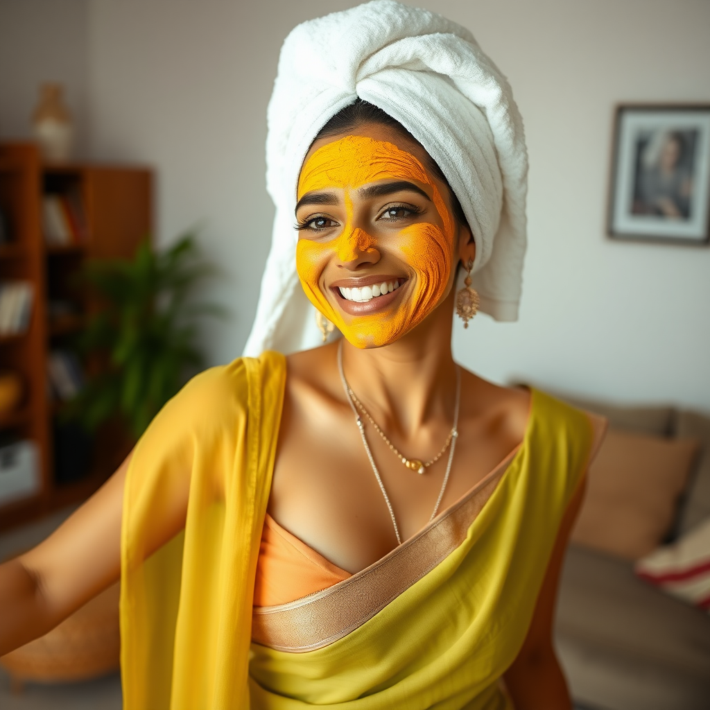 slim, 30 year old, indian Bride, towel head, turmeric face mask. She is happy and dancing in living room.