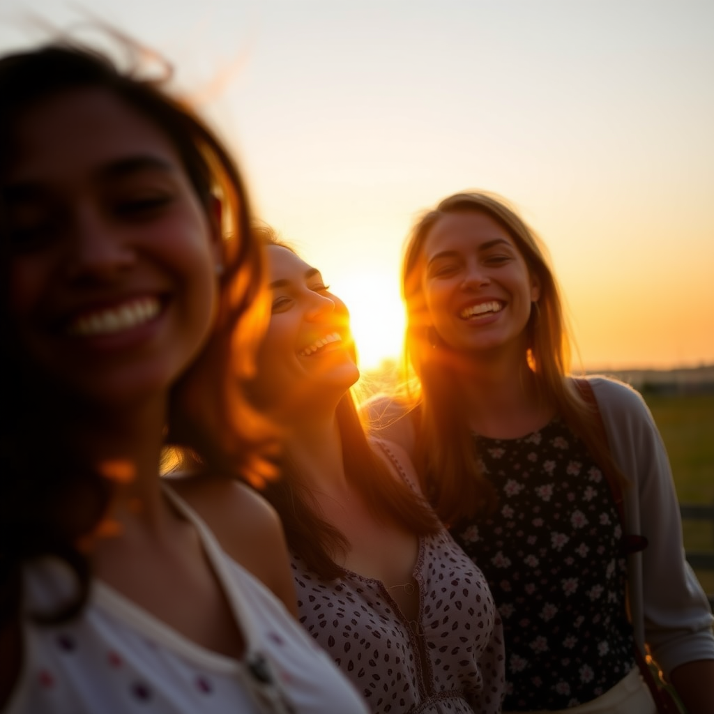 Three women stand together laughing, with one woman slightly out of focus in the foreground. The sun is setting behind the women, creating a lens flare and a warm glow.