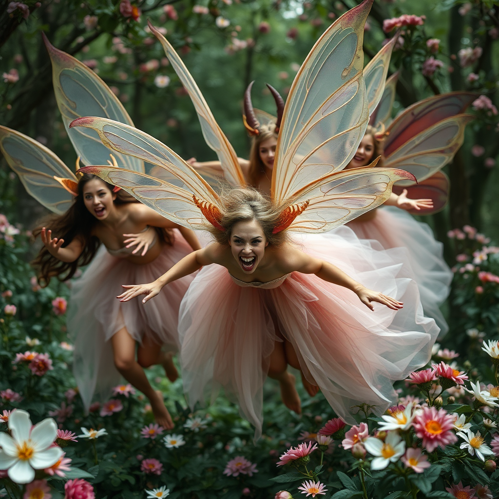 Full body shots, Group of beauty queen demon fairies, in chaotic flight, in a flowery fruitful forest, with irresistible feminine allure but with a shocking expression of teeth