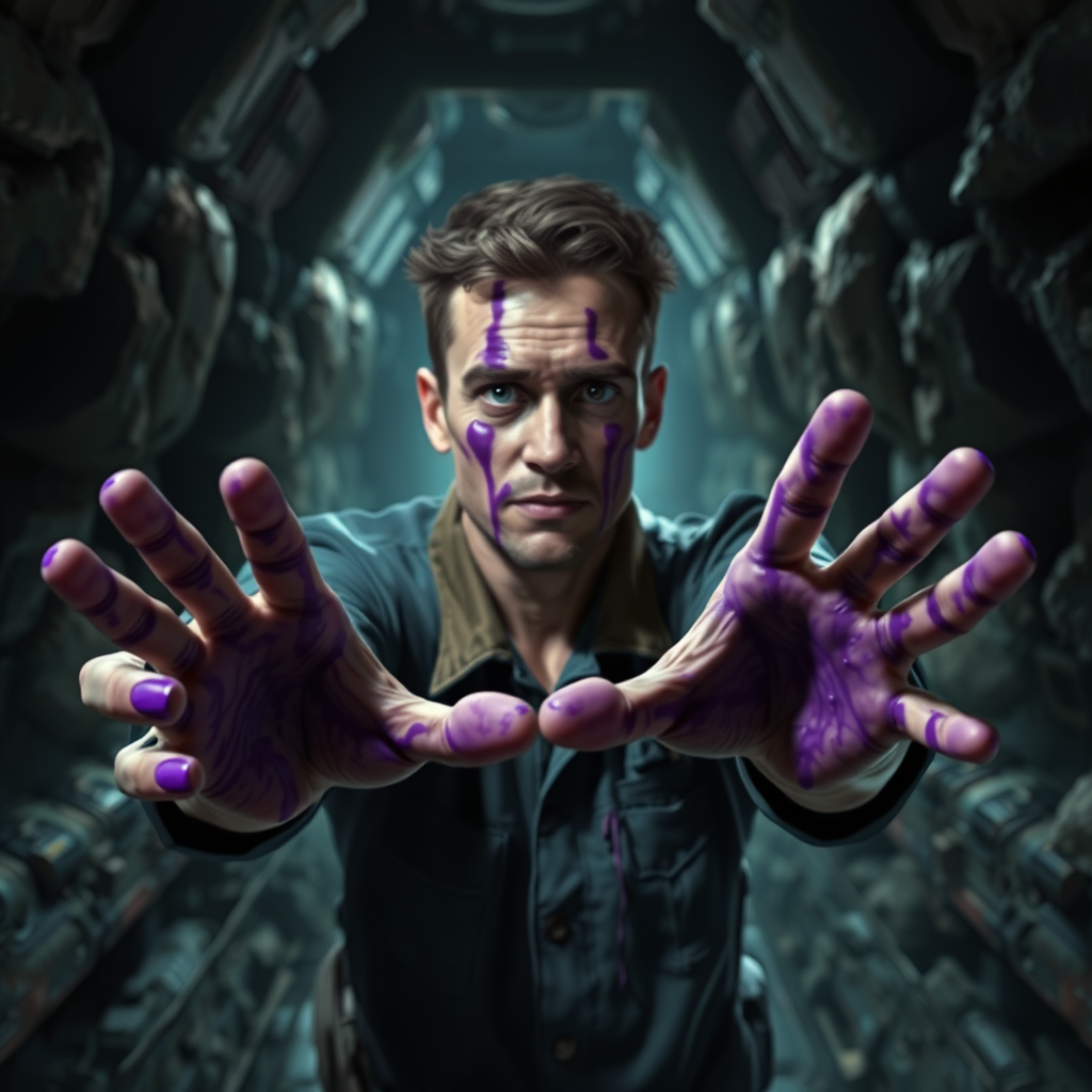 Cinematic sci-fi horror digital painting. Crew member approaching the viewer with arms reaching out. Purple slime smears on face and hands. Dark rocky industrialized corridor.