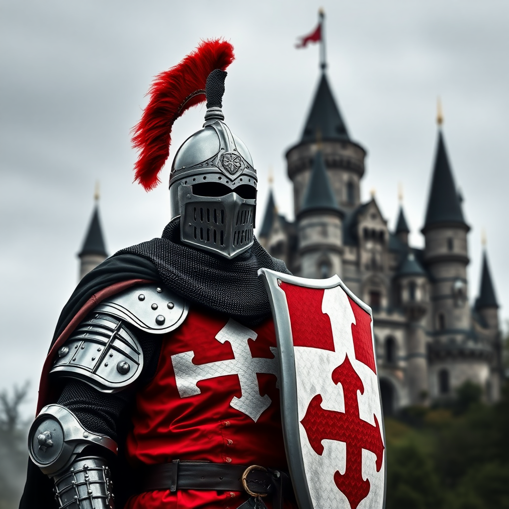 A knight from the Teutonic Order in black, white, and red colors, with a castle in the background in black, white, and red colors. Realistic photo.