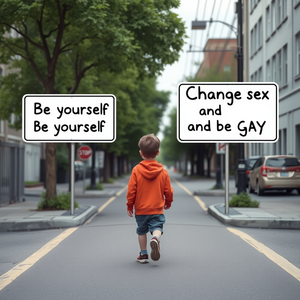 A kid walking on a street with two streets, the left is "Be yourself", the right is "Change sex and be gay"