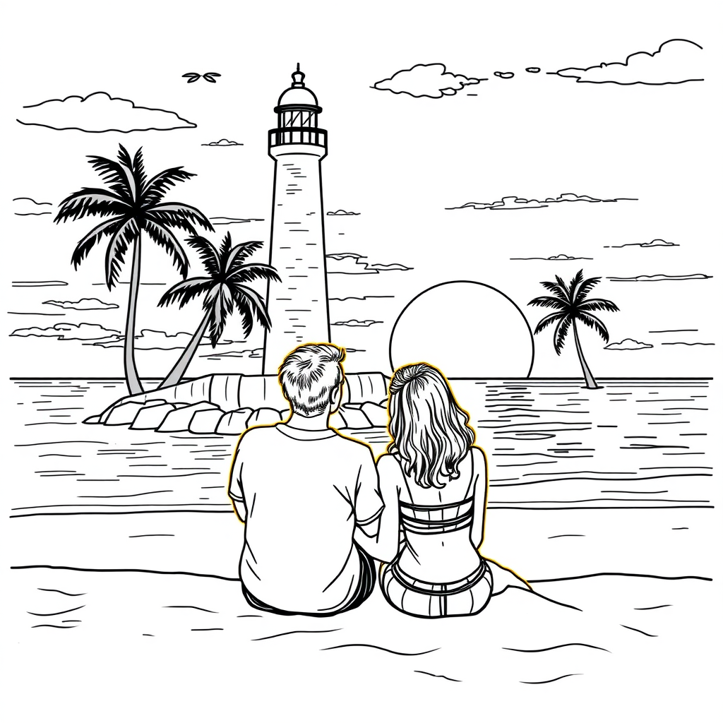 A line drawing of a couple sitting on the beach with a lighthouse and coconut trees watching the sunset.