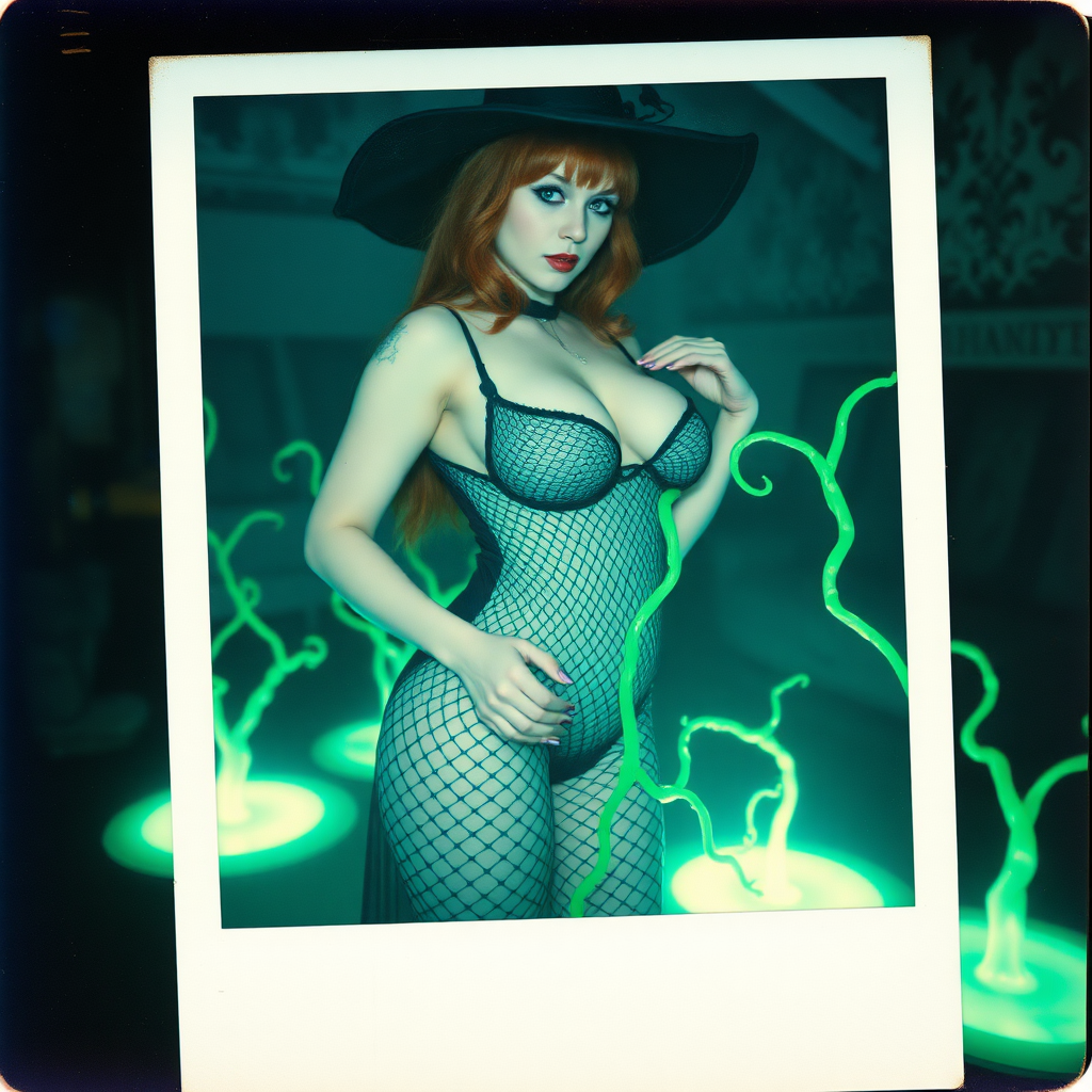 An old polaroid photo with heavy dark vignetting and a blue color tint to the photograph and visible light leaks. The photo depicts a sexy alt goth girl with pale skin and red hair. She has a plump booty. She has large breasts with ample cleavage and is wearing a black fishnet bodysuit. She is wearing a witch hat. She is surrounded by glowing translucent green vine coming out of magic bright glowing pools of water on the floor, wrapped around her arms and legs. She is straddling a green vine between her legs. The image looks hazy and grungy. She is in an old house with wallpaper on the walls. Dark lighting with camera flash used. Candid