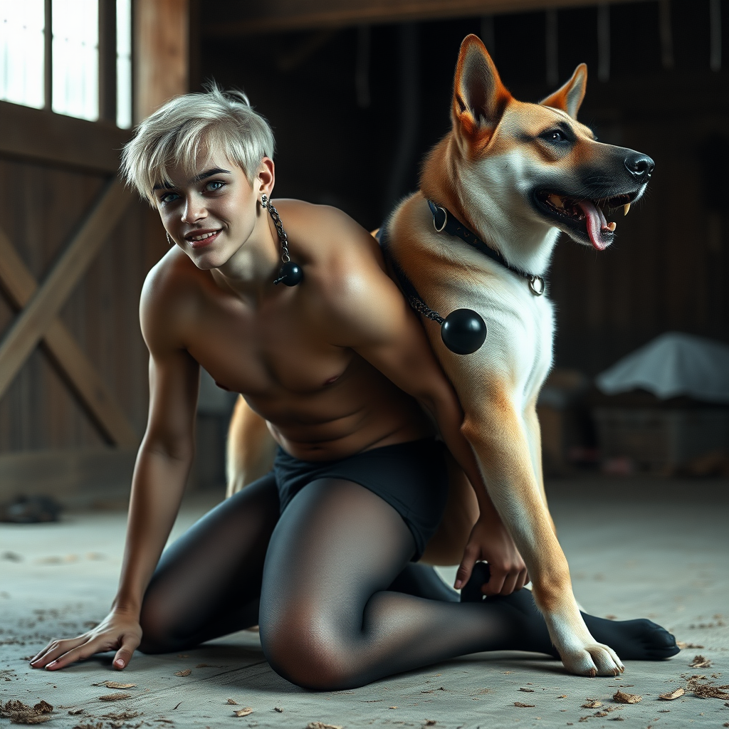 photorealistic, ultra high resolution, 16K, surreal fantasy, soft studio lighting, Caleb Swift is a pretty 16 year old goth male, slim male physique, blonde hair, blue eyes, goth makeup, earrings, sheer black pantyhose, spikey neck collar with chain, kneeling and leaning forward on the floor of the barn while his large dog rests its front legs on Caleb's back, during daytime, excited open mouth smile, small black ball-gag, drooling a stream of saliva from his mouth, bulging crotch, full body in wide view from side with Caleb facing the camera.