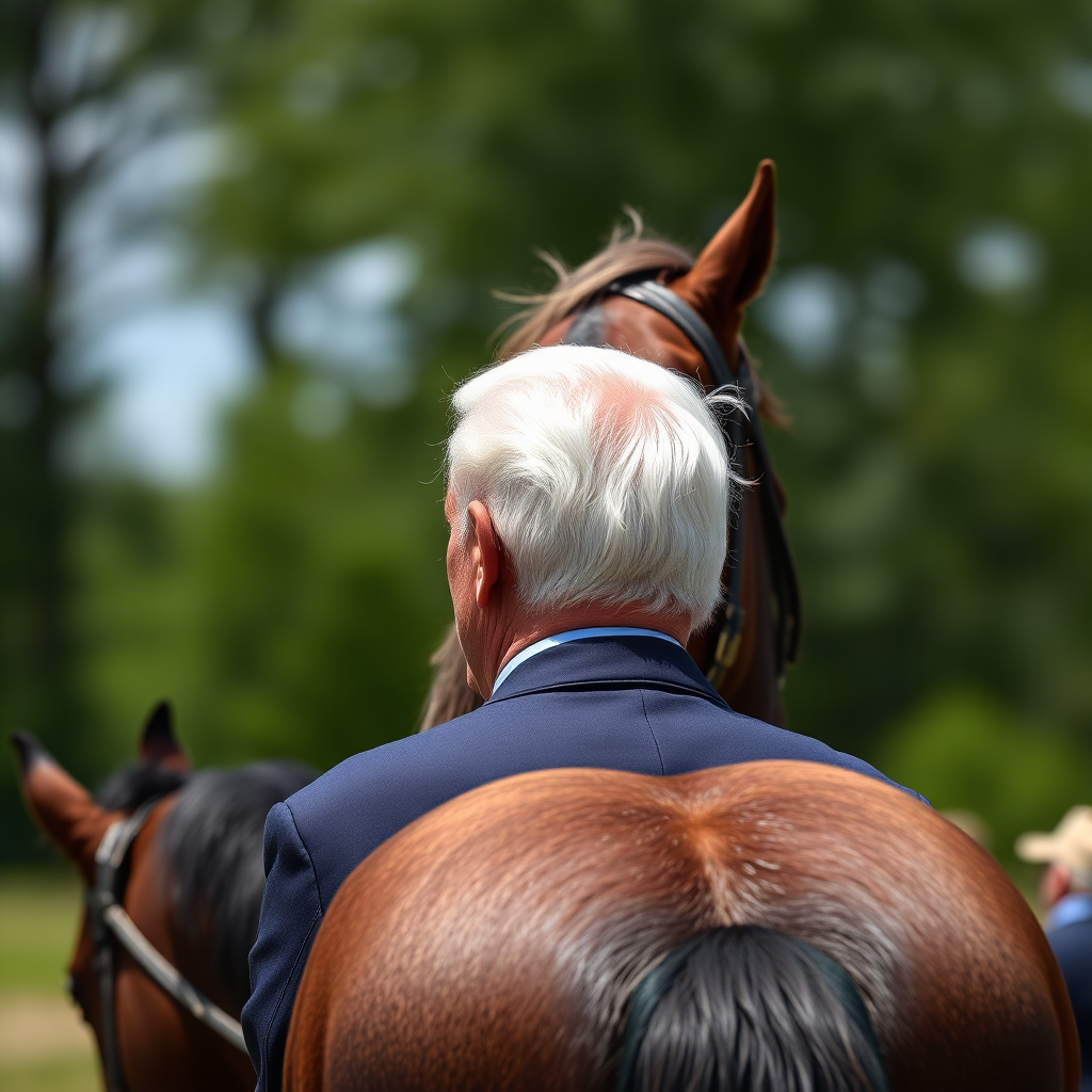 A horse is on Joe Biden's back.