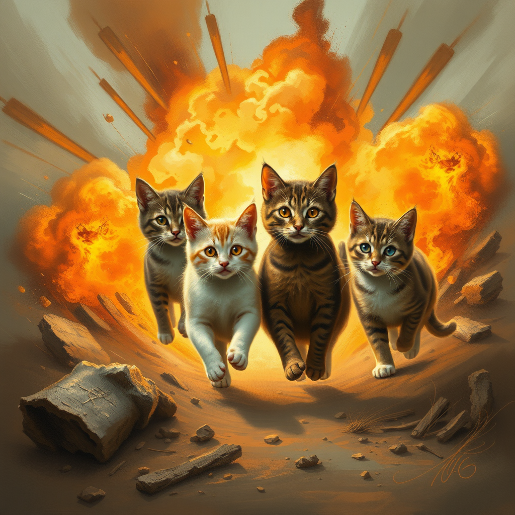 4 cats coming out of an explosion