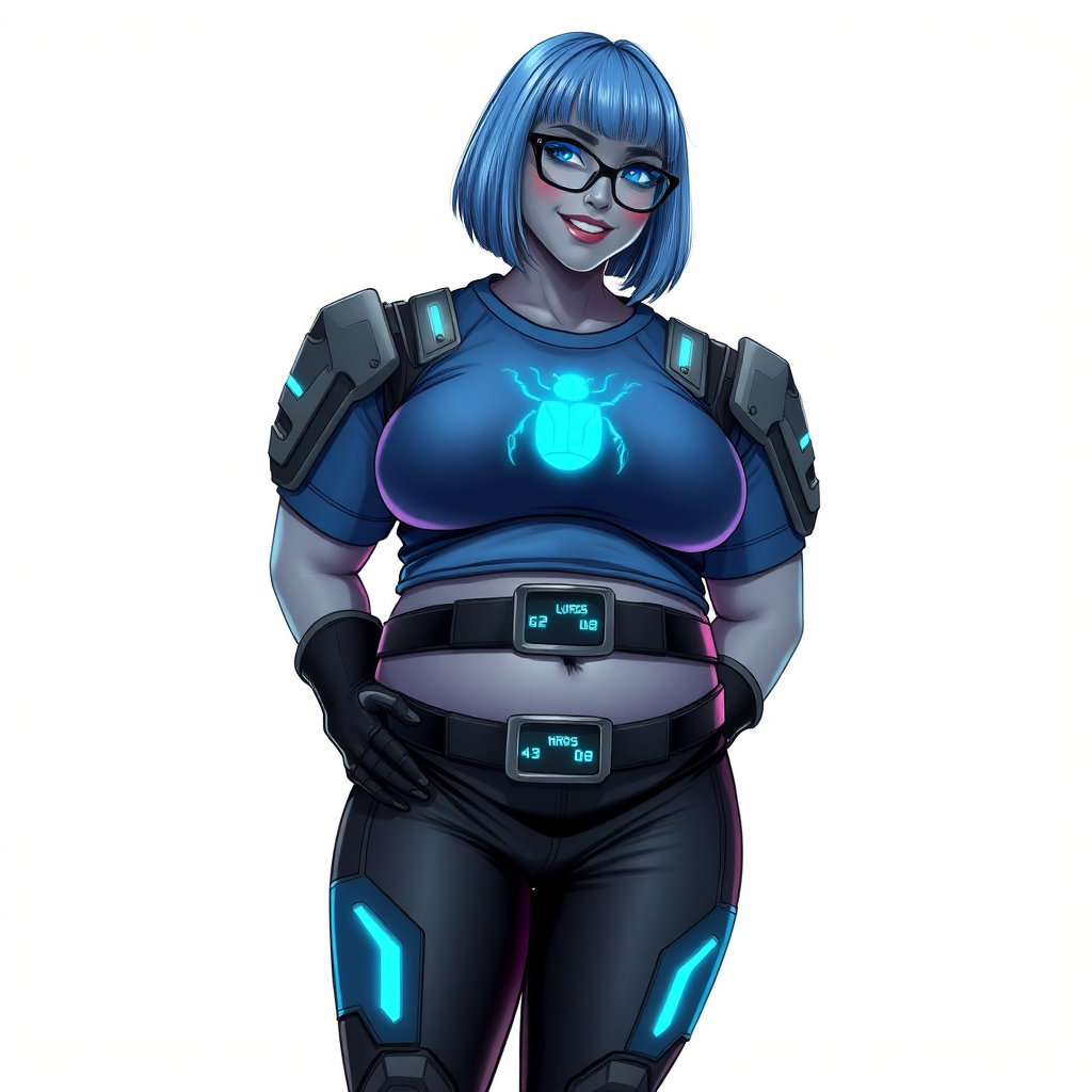 A 28-year-old, full-figured, middle gray skinned computer program hybrid with a maximum blue bob cut. She has a non-athletic build, highlighted by a prominent, round, large midsection (with heavy emphasis on her belly). As a digital sidekick, computer hacker, and nerdy girlfriend to her cyberpunk vigilante boyfriend, her middle gray metallic skin and maximum blue lipstick emphasize her digital nature. She wears a digital, computerized costume consisting of a gargantuan, tight-fitting, hi-tech, maximum blue t-shirt with a neon blue beetle glowing chest icon, hi-tech shoulder pads with neon blue accents, a black digital belt with a digital neon blue glowing buckle, black biker pants with neon blue glowing accents, and black hi-tech gloves with neon blue glowing accents. Her neon blue glowing eyes, black eyeglasses with a neon blue glowing HUD built in its lenses, and lovestruck smile with neon red blush accentuate her nerdiness. She stands bashfully with her hands behind her back, her costume covering all her skin and emphasizing her full-figured physique (especially her belly). She is clearly non-athletic, with a focus on her full-figured physique. Despite her build, she radiates beauty. She is on a solid white background. She is drawn as if she was in a retro 2D cyberpunk fighting game.