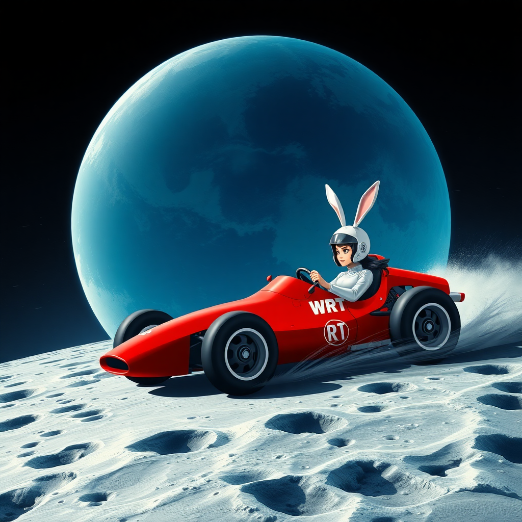 In the background is a huge round blue Earth, and a red racing car is speeding across the moon's surface, which is marked by many craters. The car has "WRT" written on it, and a black-haired beautiful female racer is gripping the steering wheel tightly. She is wearing a helmet, which has white rabbit ears standing upright.