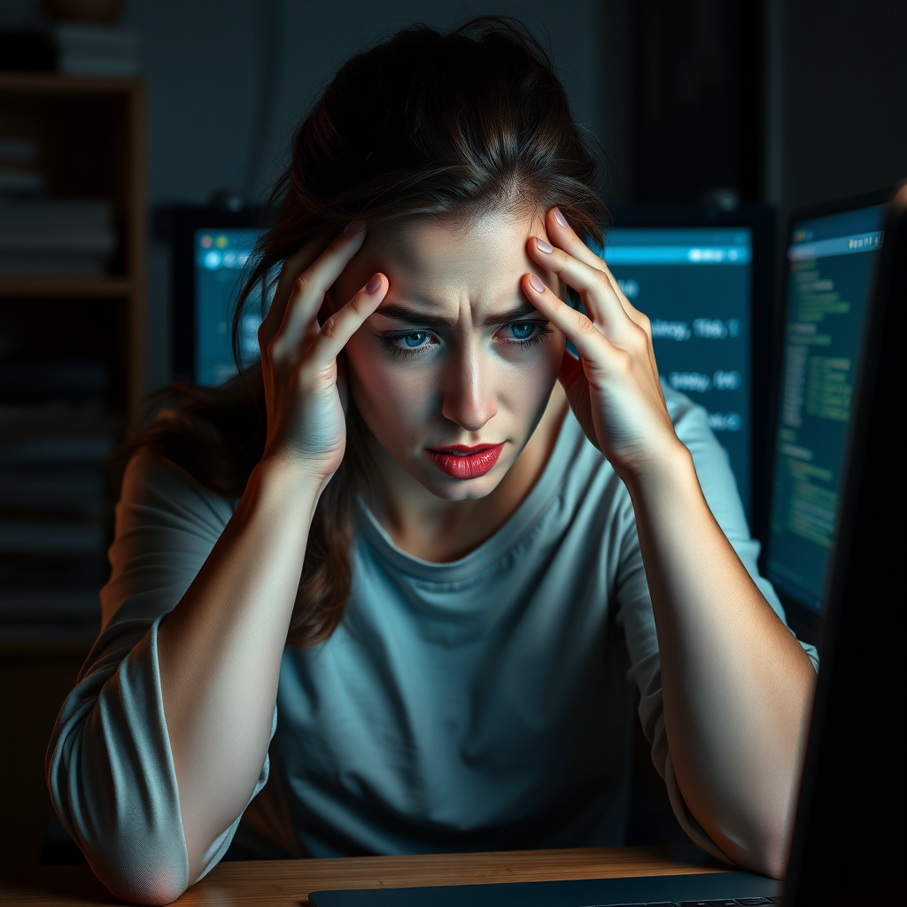 Create a realistic scene of a desperate young nice woman sitting in front of a computer. Her posture should reflect frustration, with her hands either on her face or gripping her head. Her surroundings are a typical home or office workspace, with dim lighting adding to the tense and stressful mood. The computer screen could show error messages, glitches, or something causing her distress. The woman’s expression should be a mix of anxiety, exhaustion, and despair, with subtle attention to facial details like furrowed brows or clenched jaws.