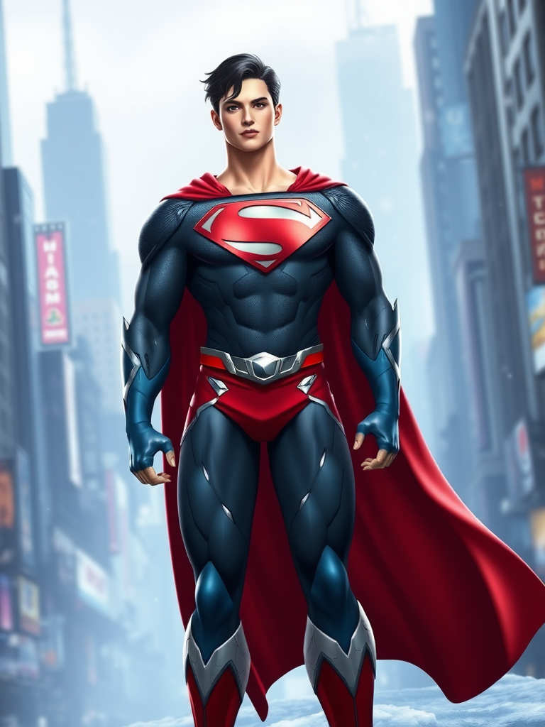 Create a full-length image of Superman with the body traits of Mei-Ling from Overwatch. Retain Superman's original head and face while altering the body shape to emphasize a curvier torso, wider hips, and a more muscular lower body, reflecting Mei's physique. Maintain Superman's iconic costume, incorporating embellishments inspired by Mei, such as ice-themed accents and a modernized emblem. The background should blend a bustling cityscape, reminiscent of Metropolis, with icy elements like frozen structures or light snowfall, harmonizing both characters' themes. Focus on the contrast of Superman's bold presence against Mei's whimsical design.