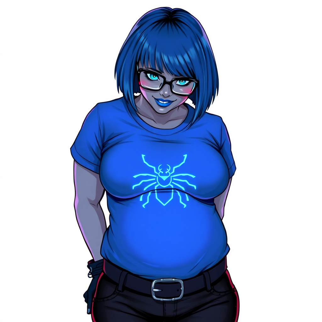 A 28-year-old, full-figured, metallic middle gray skinned cyberpunk computer program hybrid with a short maximum blue bob cut. She has a non-athletic build, highlighted by a prominent, round midsection (with a focus on her round belly). As a digital sidekick to her cyberpunk vigilante boyfriend, her middle gray metallic skin and maximum blue lipstick emphasize her digital nature. She wears a huge, tight-fitting, maximum blue t-shirt (accentuating her belly) with a neon blue glowing chest icon of a beetle, black pants, a black belt with a neon blue glowing beetle buckle, and black gloves. Her bright blue eyes, black eyeglasses with neon blue glowing lenses, and shy smile with neon red blush accentuate her nerdiness. She bashfully bows her head (while still facing the screen) with her hands behind her back, her t-shirt covers her midsection (especially her belly) and emphasizing her full-figured, non-athletic physique. She is on a solid white background. She is drawn as if she was in a retro 2D cyberpunk fighting game. She is clearly non-athletic, with a focus on her full figure. Make sure her outfit covers all of her bare skin (especially her midsection).