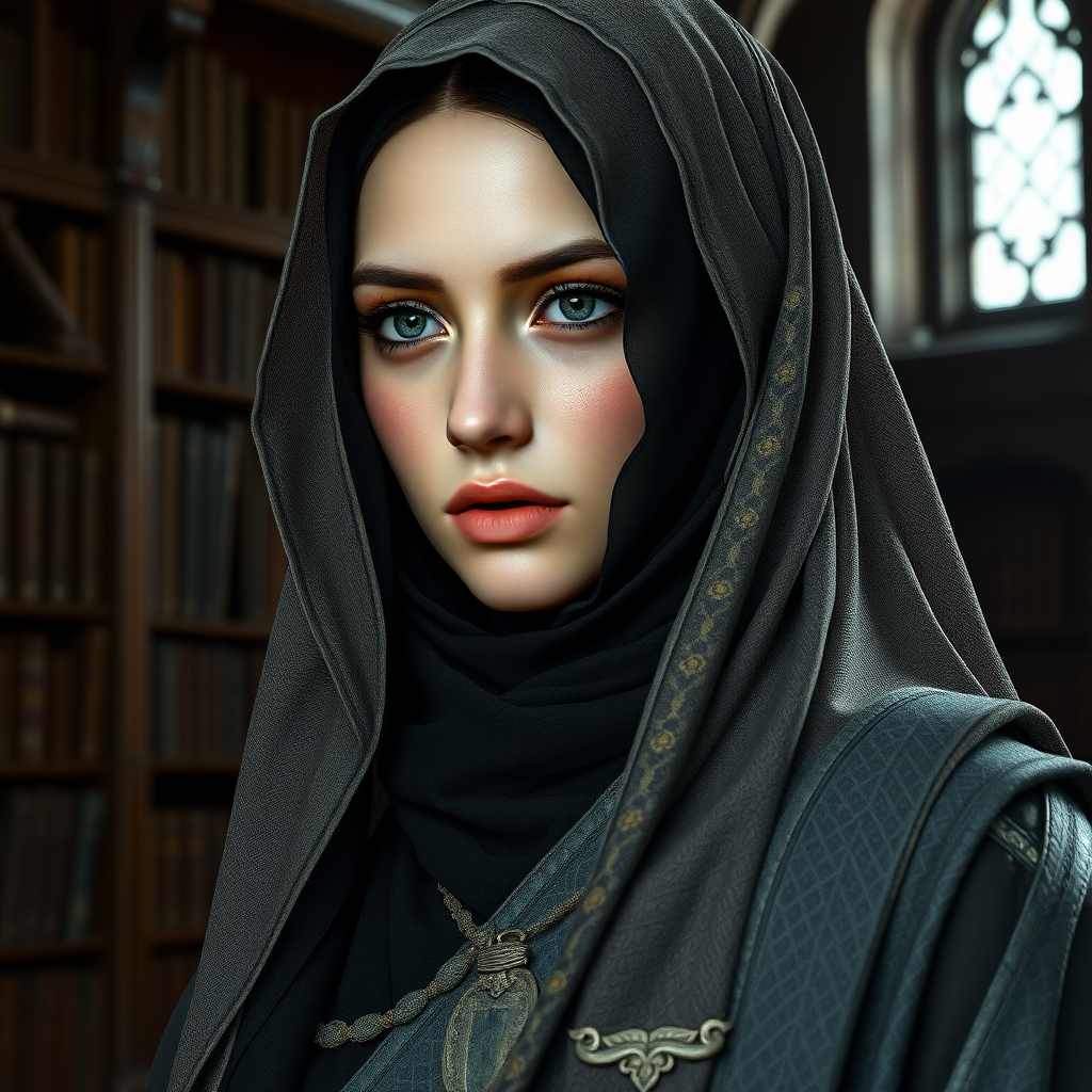 In the world of Vampire the Dark Ages, a beautiful and enchanting veiled 17-year-old Muslim woman with Arabic features and a corpse-like complexion, dressed like a medieval Persian woman. The image should portray the character from the head to the waist without showing her hair or neck. The background should feature a medieval library. High definition, photorealistic, 16K.