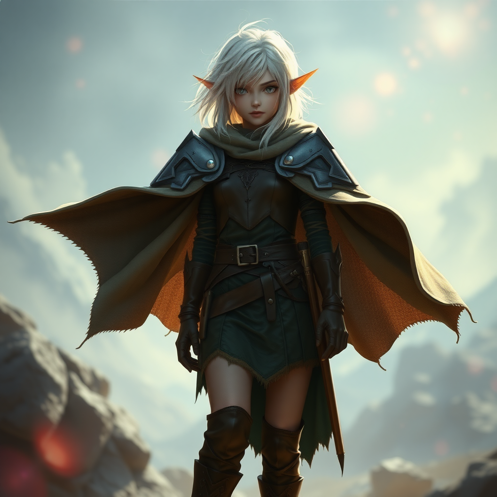 A twenty-something elf girl like (Deedlit from Record of Lodoss War), a character come to life. Messy shoulder-length white hair. Wide triangular shoulder pads, flowing cloak, leather armor, skirt, high-heeled ankle boots. Photorealistic digital matte painting, highly detailed, film grain, lens flare, chromatic aberration.