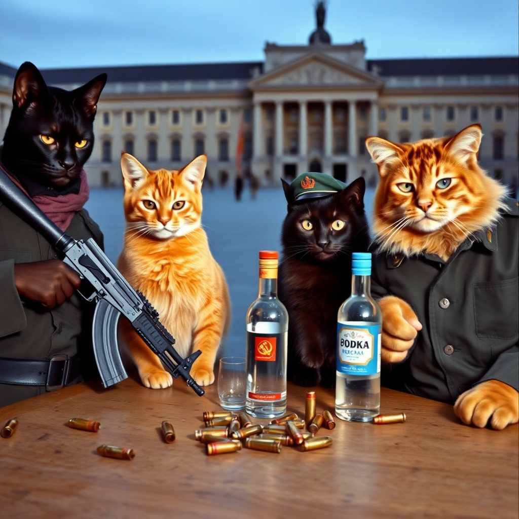 4 serious cat-men in a large square, a dark-skinned one holding an AK-47, an orange one with a Russian military cap, a dark brown and a light brown one, USSR communists with VODKA, around a table with bullet casings on it (film photo style).