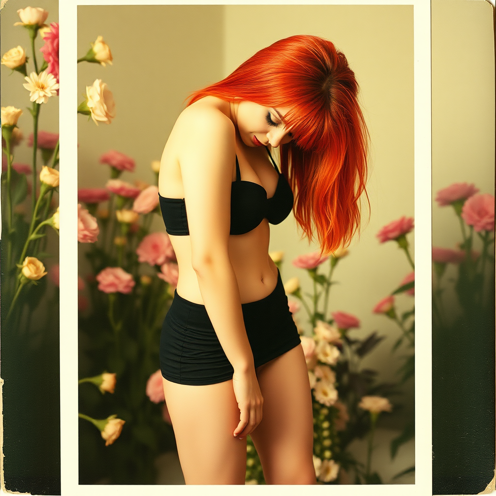 old polaroid photo depicting a sexy curvy alt goth girl with red hair and a super short tight mini skirt bending over with thong visible underneath standing in a photography studio filled with flowers